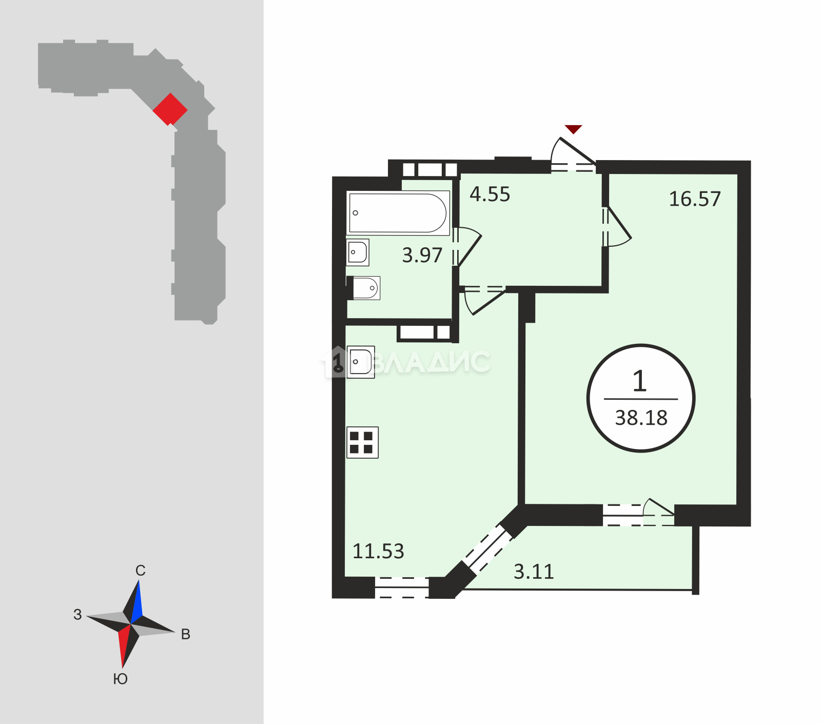 1-комнатная квартира, Владимир, Гвардейская улица, д.14 #944136